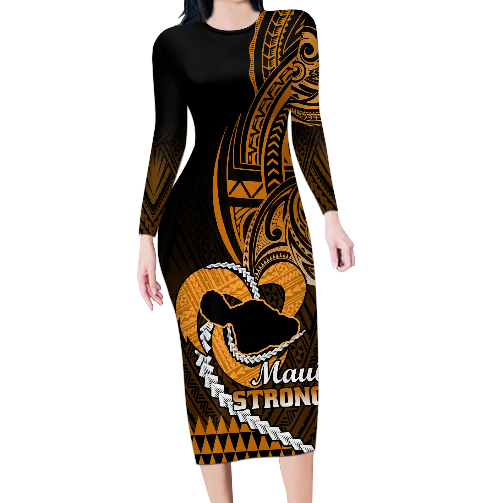 Personalised Hawaii Long Sleeve Bodycon Dress Maui Be Strong Kakau Gold Version LT01 Long Dress Gold - Polynesian Pride