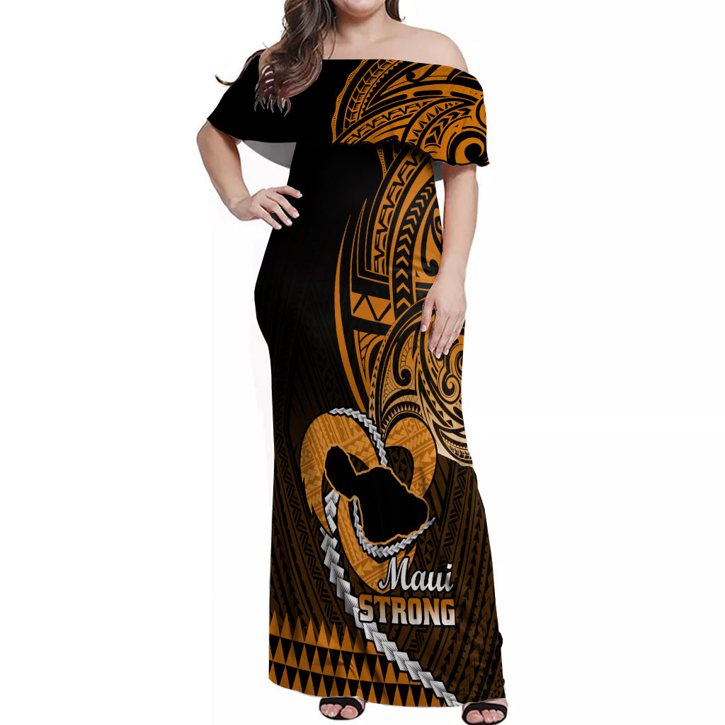 Personalised Hawaii Off Shoulder Maxi Dress Maui Be Strong Kakau Gold Version LT01 Women Gold - Polynesian Pride