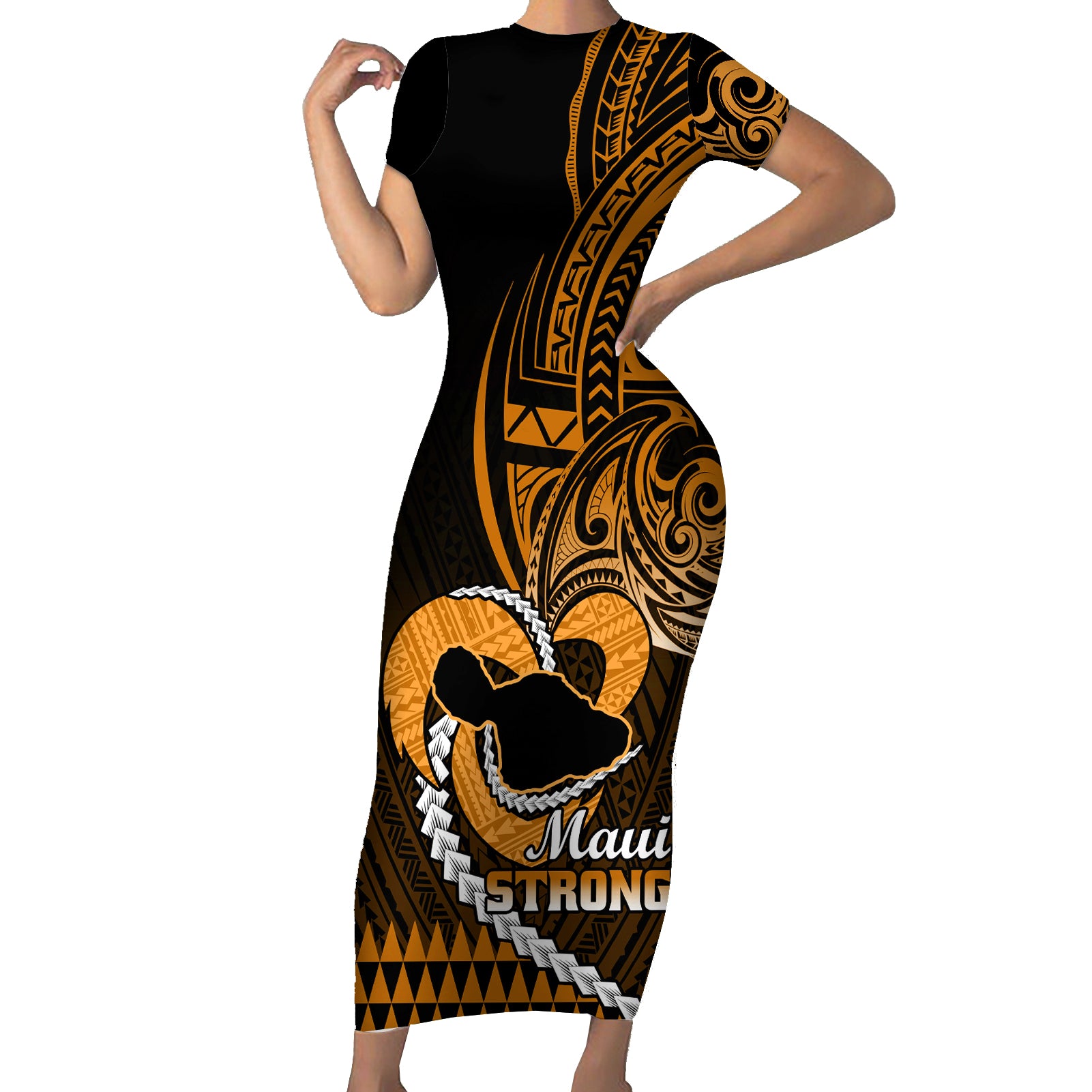 Personalised Hawaii Short Sleeve Bodycon Dress Maui Be Strong Kakau Gold Version LT01 Long Dress Gold - Polynesian Pride