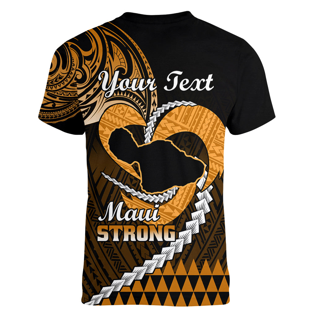 Personalised Hawaii Women V Neck T Shirt Maui Be Strong Kakau Gold Version LT01 - Polynesian Pride