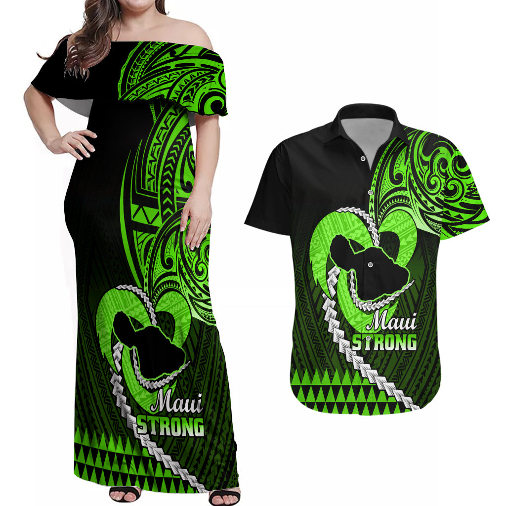 Personalised Hawaii Couples Matching Off Shoulder Maxi Dress and Hawaiian Shirt Maui Be Strong Kakau Green Version LT01 Green - Polynesian Pride