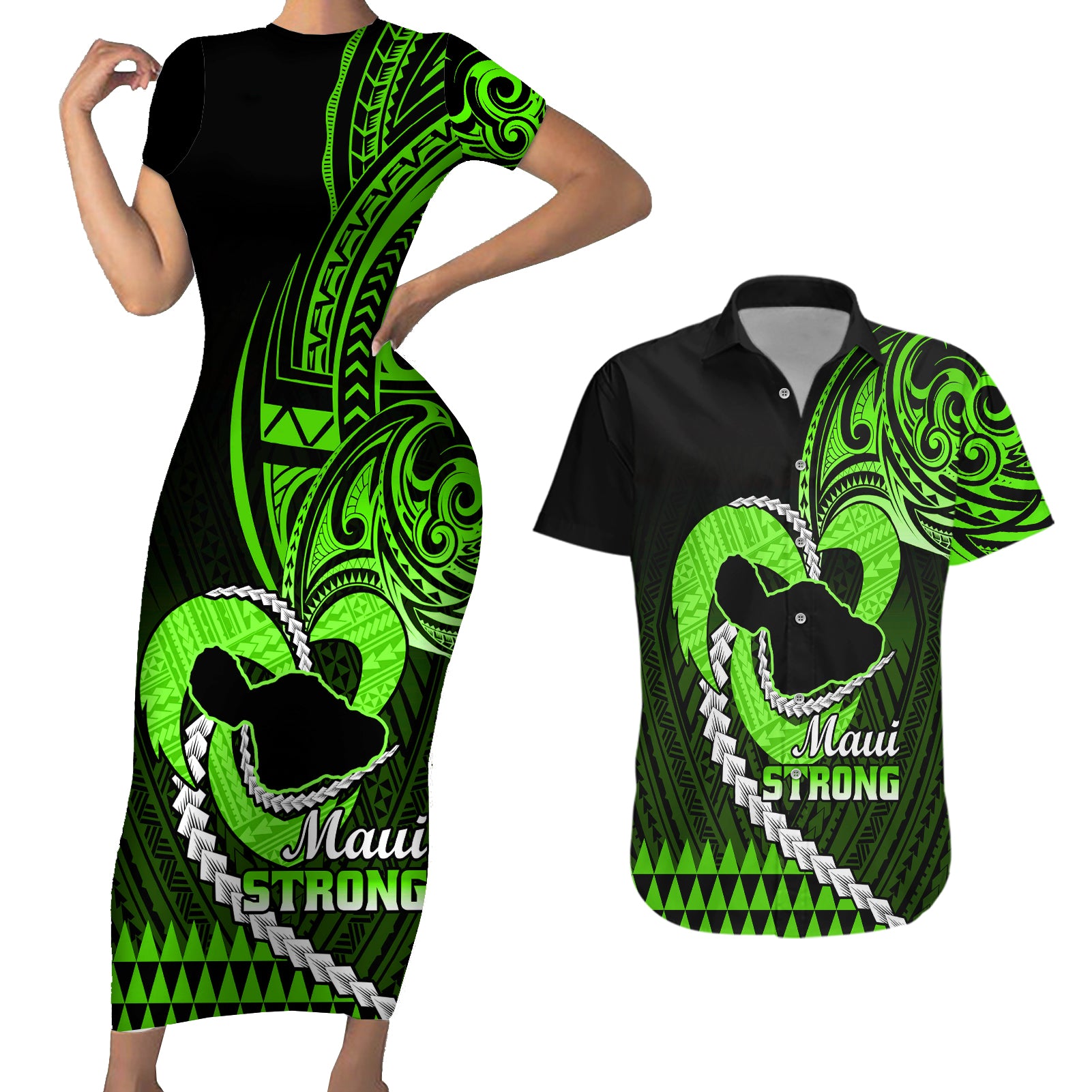 Personalised Hawaii Couples Matching Short Sleeve Bodycon Dress and Hawaiian Shirt Maui Be Strong Kakau Green Version LT01 Green - Polynesian Pride