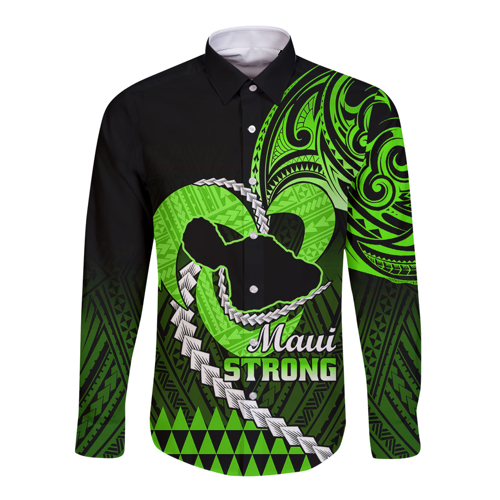 Personalised Hawaii Long Sleeve Button Shirt Maui Be Strong Kakau Green Version LT01 Unisex Green - Polynesian Pride