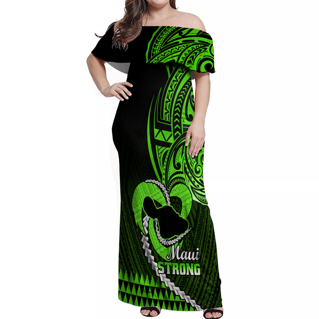 Personalised Hawaii Off Shoulder Maxi Dress Maui Be Strong Kakau Green Version LT01 Women Green - Polynesian Pride