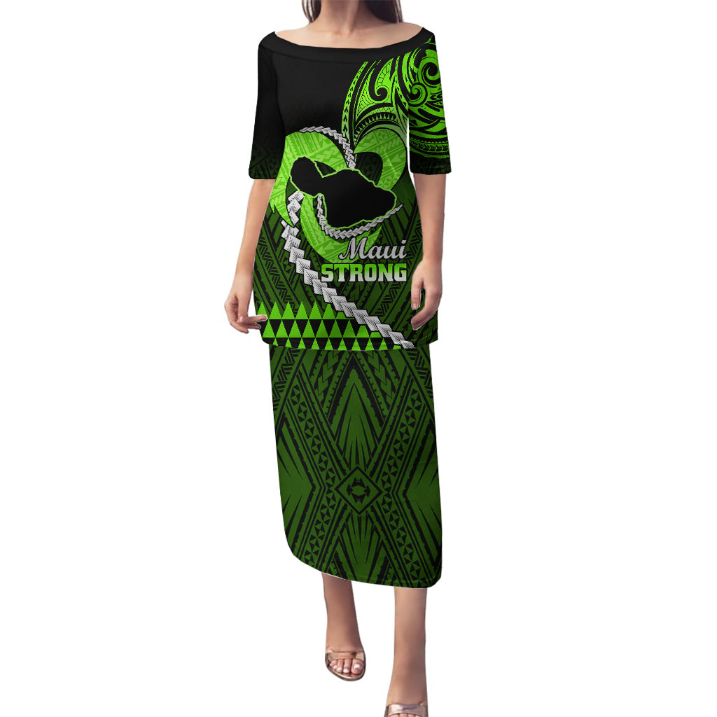 Personalised Hawaii Puletasi Maui Be Strong Kakau Green Version LT01 Long Dress Green - Polynesian Pride