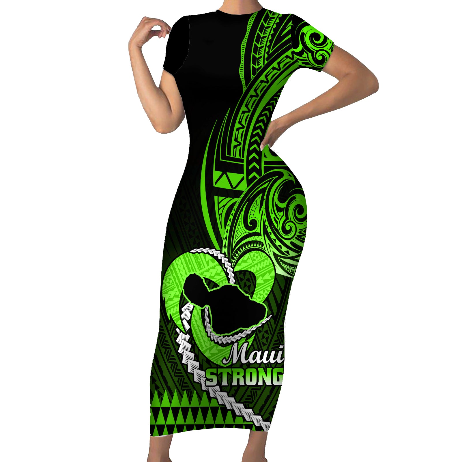 Personalised Hawaii Short Sleeve Bodycon Dress Maui Be Strong Kakau Green Version LT01 Long Dress Green - Polynesian Pride