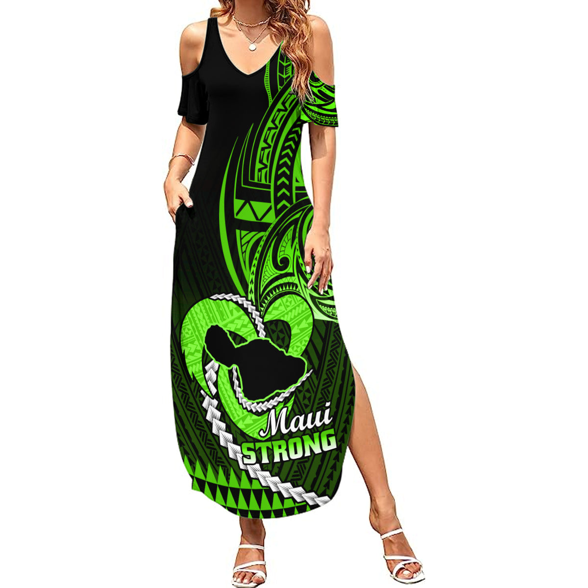 Personalised Hawaii Summer Maxi Dress Maui Be Strong Kakau Green Version LT01 Women Green - Polynesian Pride