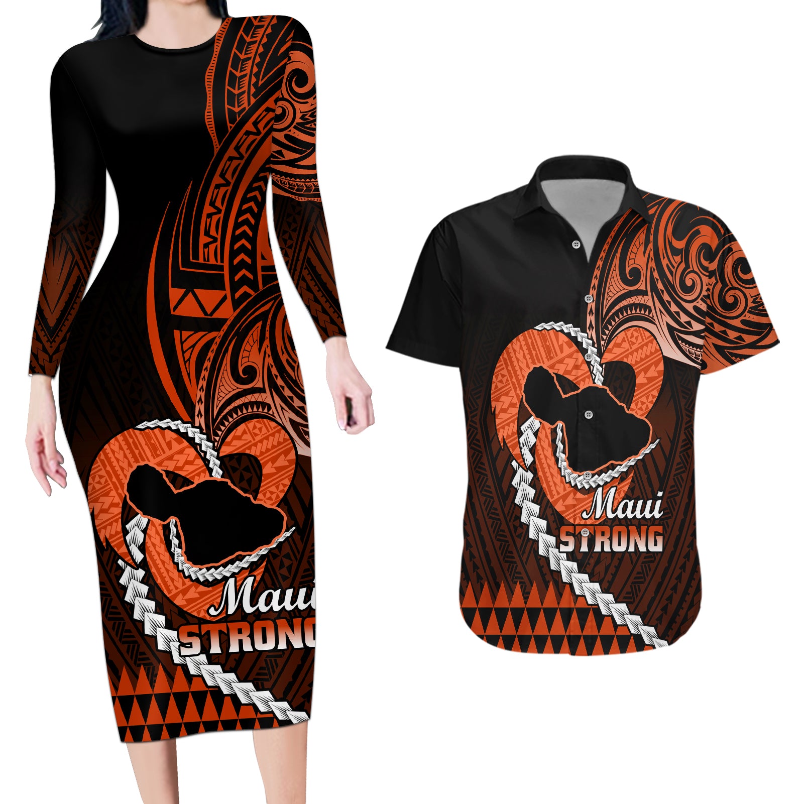 Personalised Hawaii Couples Matching Long Sleeve Bodycon Dress and Hawaiian Shirt Maui Be Strong Kakau Orange Version LT01 Orange - Polynesian Pride