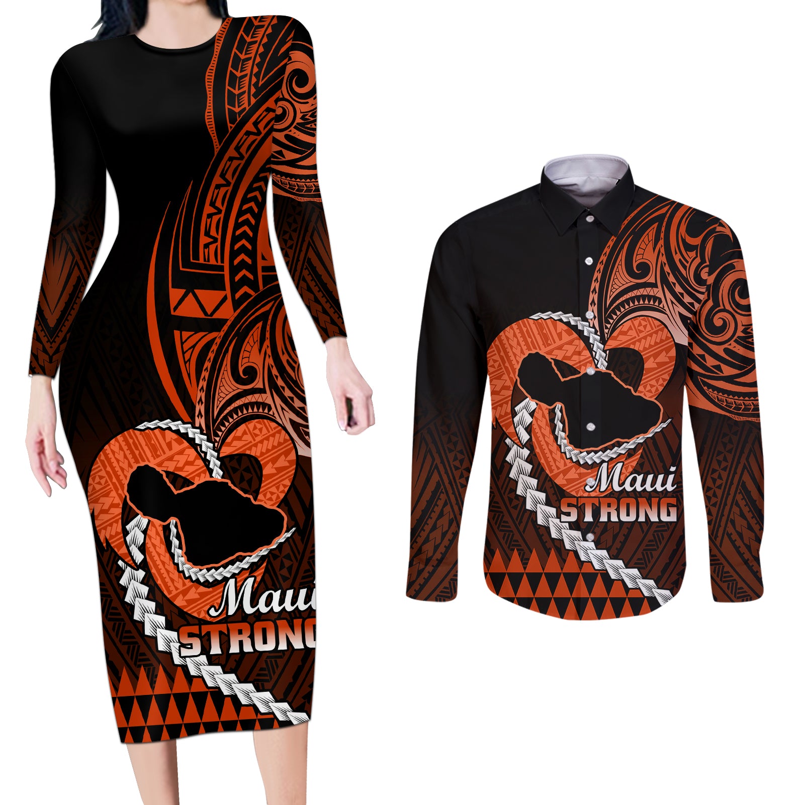 Personalised Hawaii Couples Matching Long Sleeve Bodycon Dress and Long Sleeve Button Shirts Maui Be Strong Kakau Orange Version LT01 Orange - Polynesian Pride