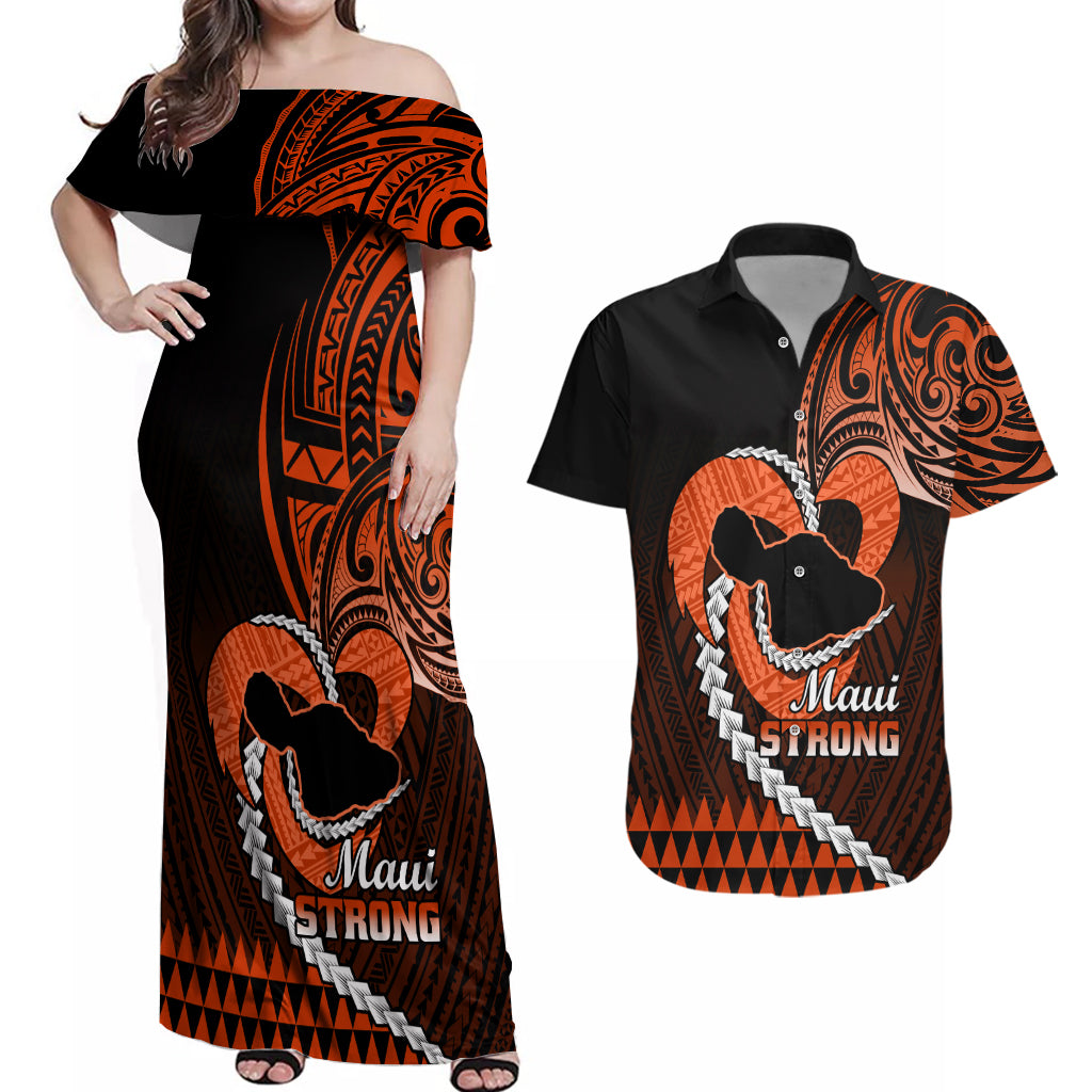 Personalised Hawaii Couples Matching Off Shoulder Maxi Dress and Hawaiian Shirt Maui Be Strong Kakau Orange Version LT01 Orange - Polynesian Pride