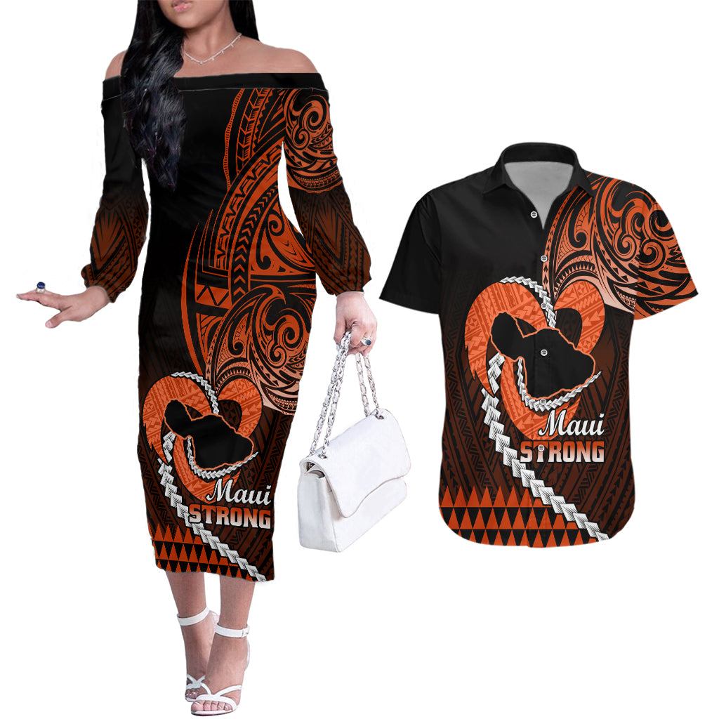 Personalised Hawaii Couples Matching Off The Shoulder Long Sleeve Dress and Hawaiian Shirt Maui Be Strong Kakau Orange Version LT01 Orange - Polynesian Pride