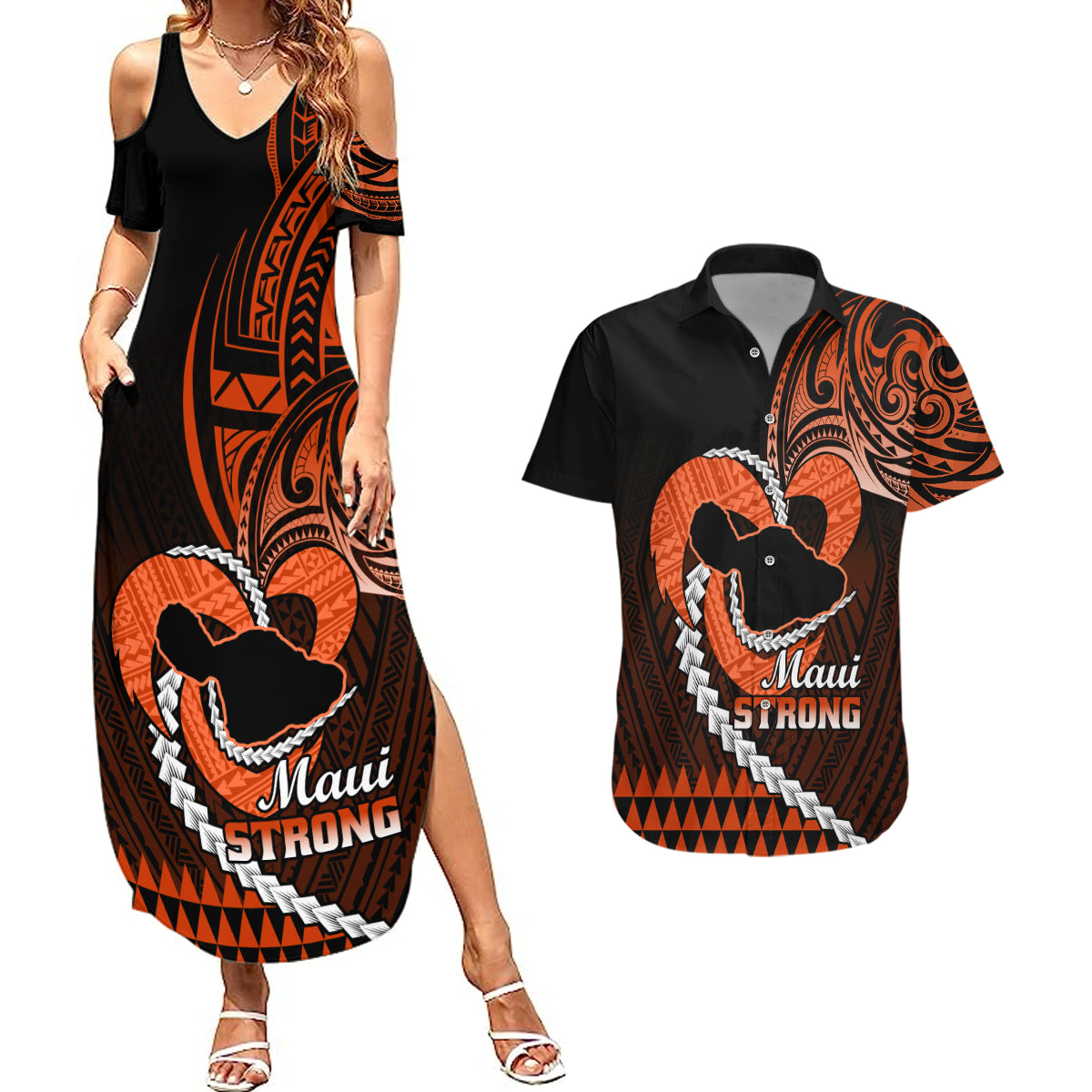 Personalised Hawaii Couples Matching Summer Maxi Dress and Hawaiian Shirt Maui Be Strong Kakau Orange Version LT01 Orange - Polynesian Pride