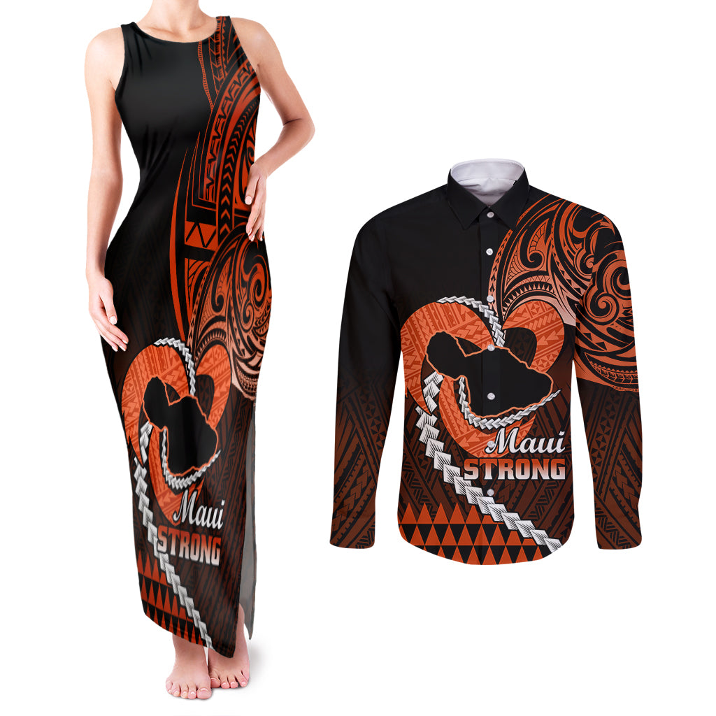 Personalised Hawaii Couples Matching Tank Maxi Dress and Long Sleeve Button Shirts Maui Be Strong Kakau Orange Version LT01 Orange - Polynesian Pride