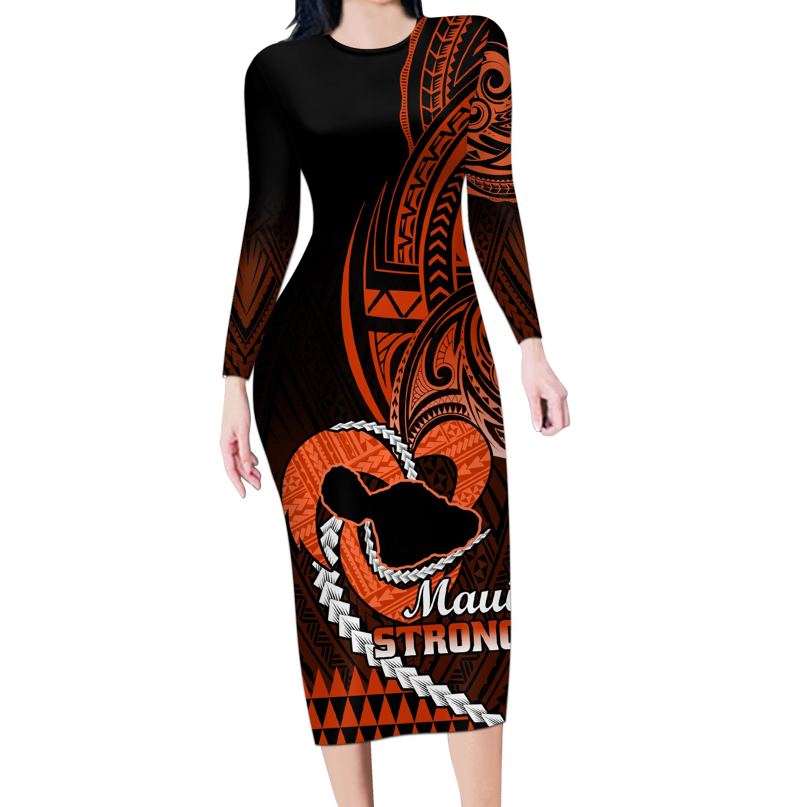 Personalised Hawaii Long Sleeve Bodycon Dress Maui Be Strong Kakau Orange Version LT01 Long Dress Orange - Polynesian Pride