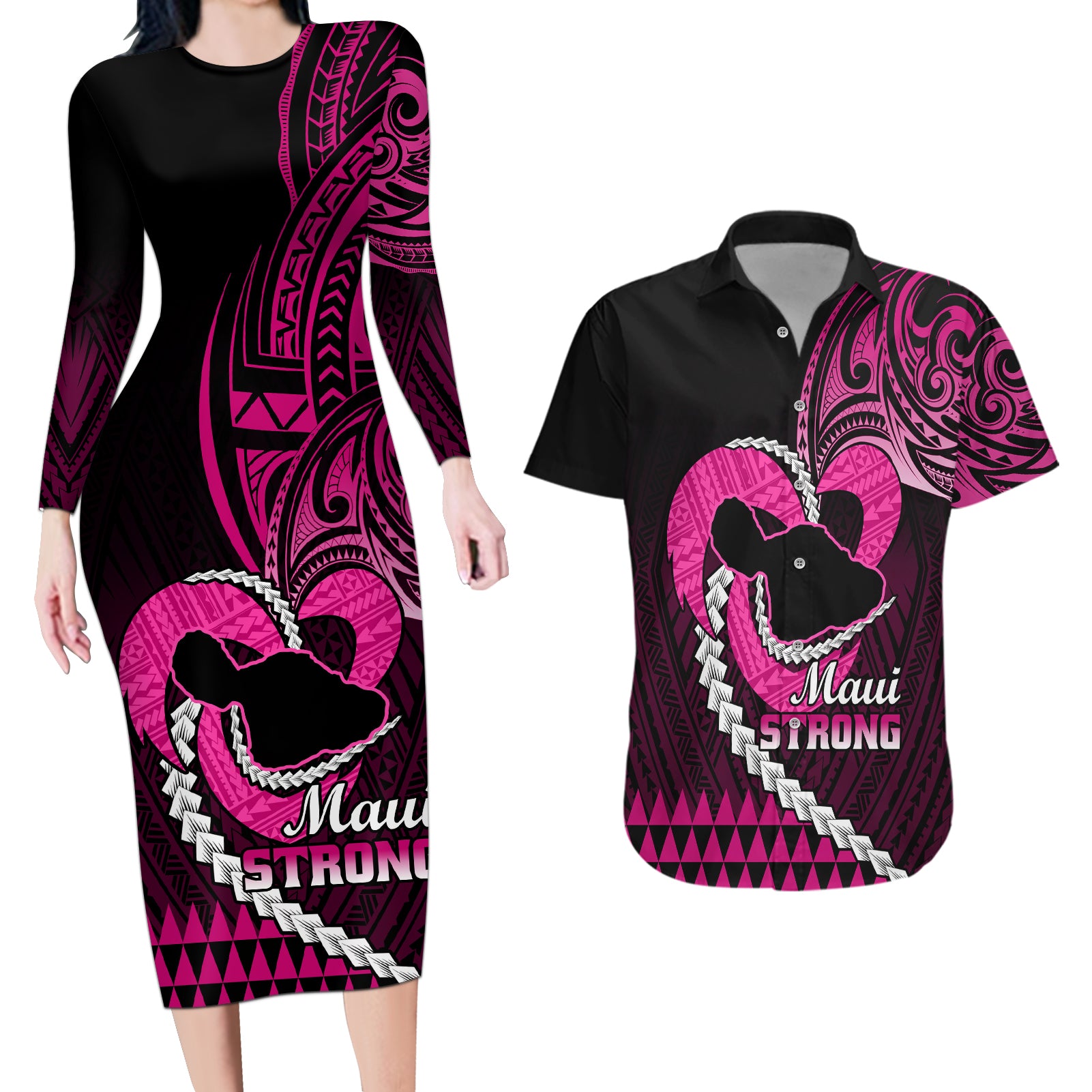 Personalised Hawaii Couples Matching Long Sleeve Bodycon Dress and Hawaiian Shirt Maui Be Strong Kakau Pink Version LT01 Pink - Polynesian Pride