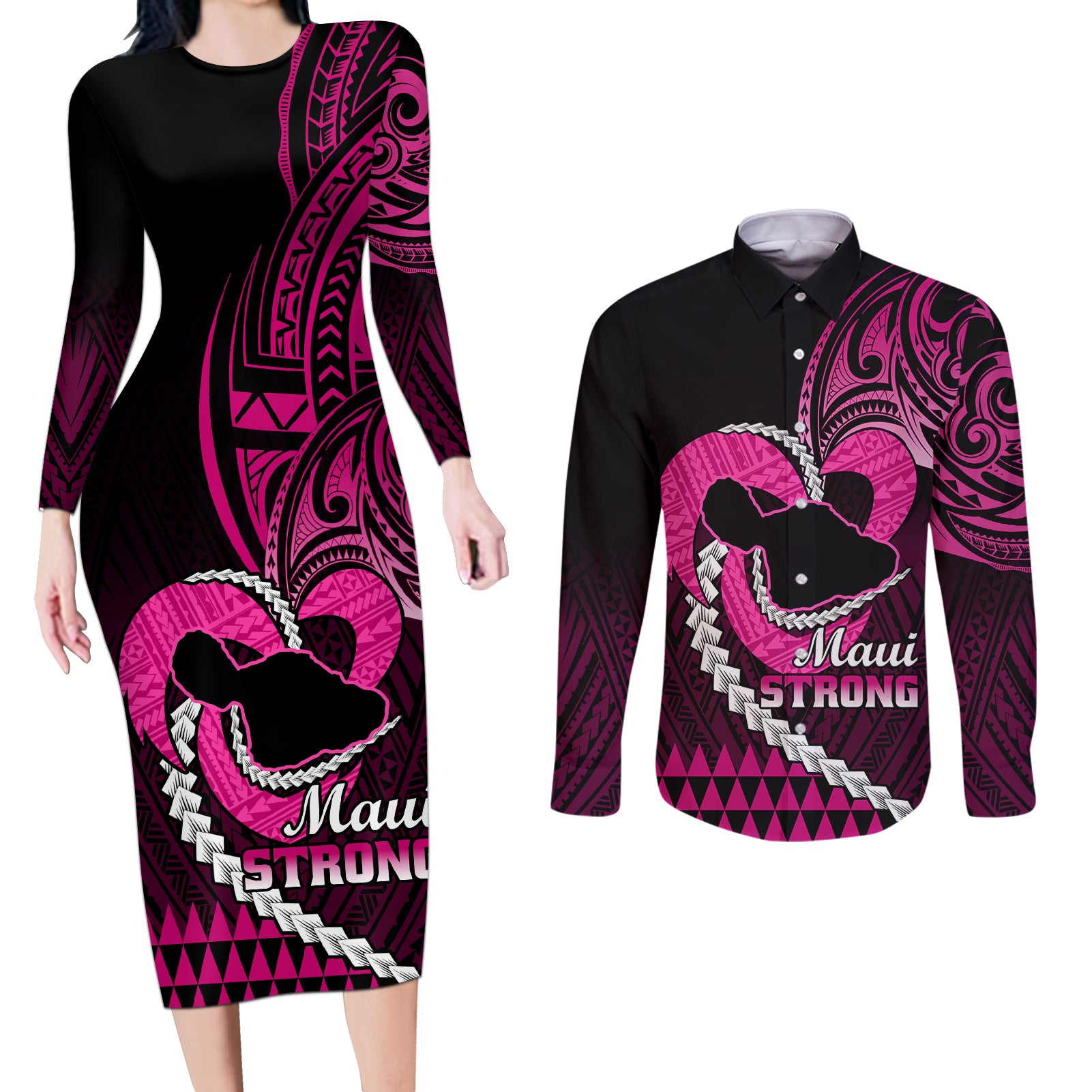 Personalised Hawaii Couples Matching Long Sleeve Bodycon Dress and Long Sleeve Button Shirts Maui Be Strong Kakau Pink Version LT01 Pink - Polynesian Pride