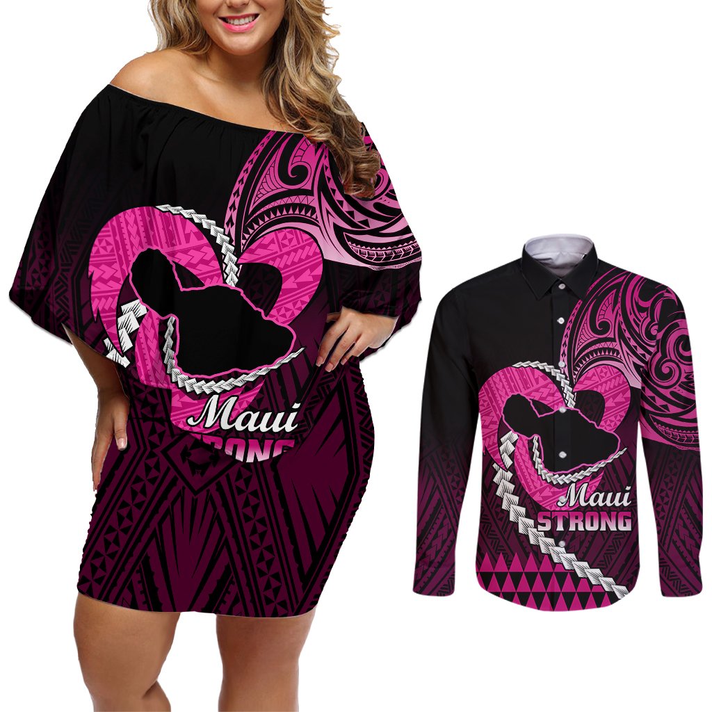 Personalised Hawaii Couples Matching Off Shoulder Short Dress and Long Sleeve Button Shirts Maui Be Strong Kakau Pink Version LT01 Pink - Polynesian Pride