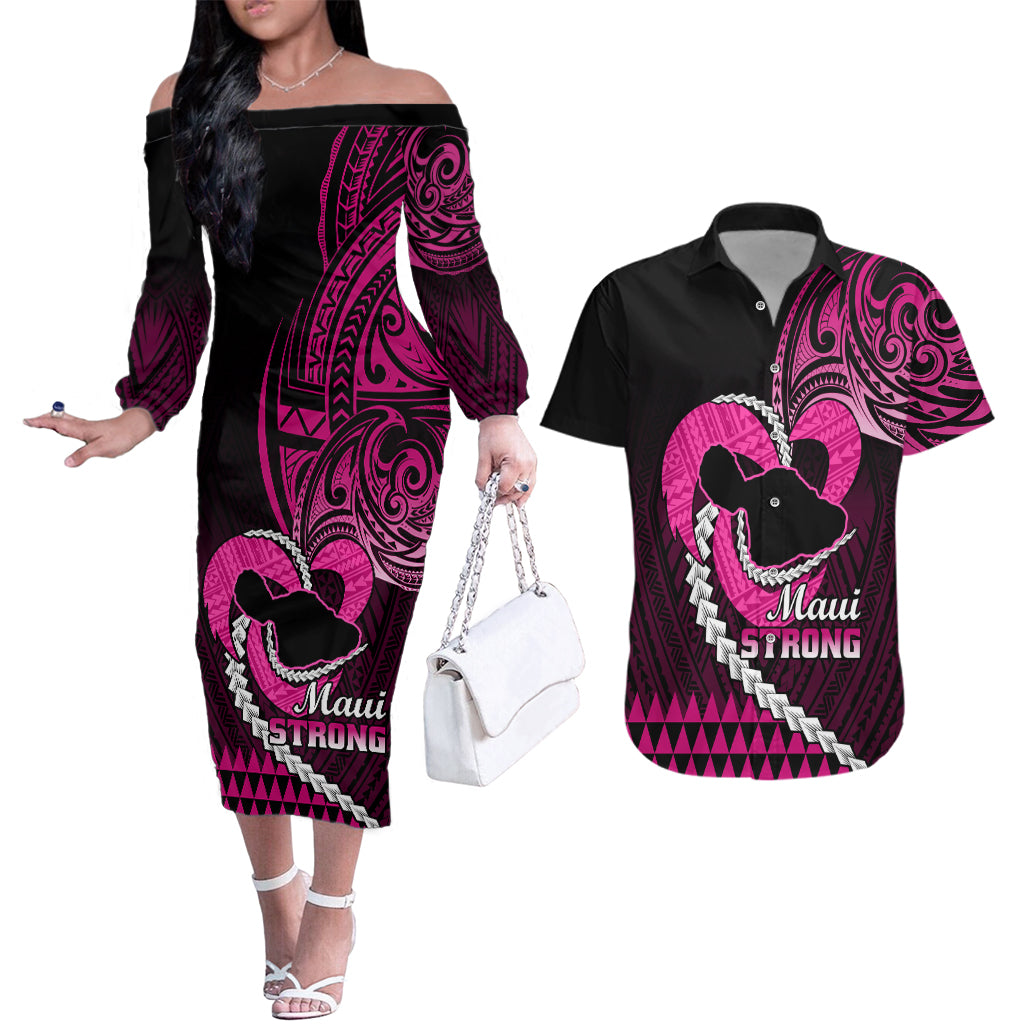 Personalised Hawaii Couples Matching Off The Shoulder Long Sleeve Dress and Hawaiian Shirt Maui Be Strong Kakau Pink Version LT01 Pink - Polynesian Pride