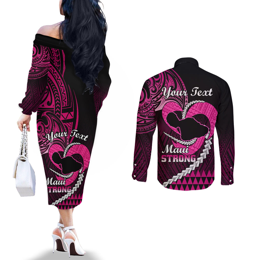 Personalised Hawaii Couples Matching Off The Shoulder Long Sleeve Dress and Long Sleeve Button Shirts Maui Be Strong Kakau Pink Version LT01 - Polynesian Pride
