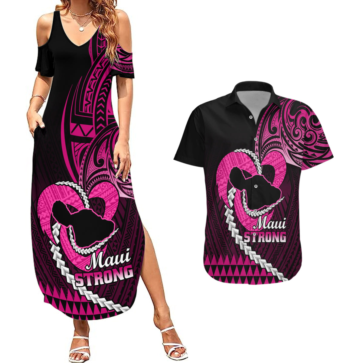 Personalised Hawaii Couples Matching Summer Maxi Dress and Hawaiian Shirt Maui Be Strong Kakau Pink Version LT01 Pink - Polynesian Pride