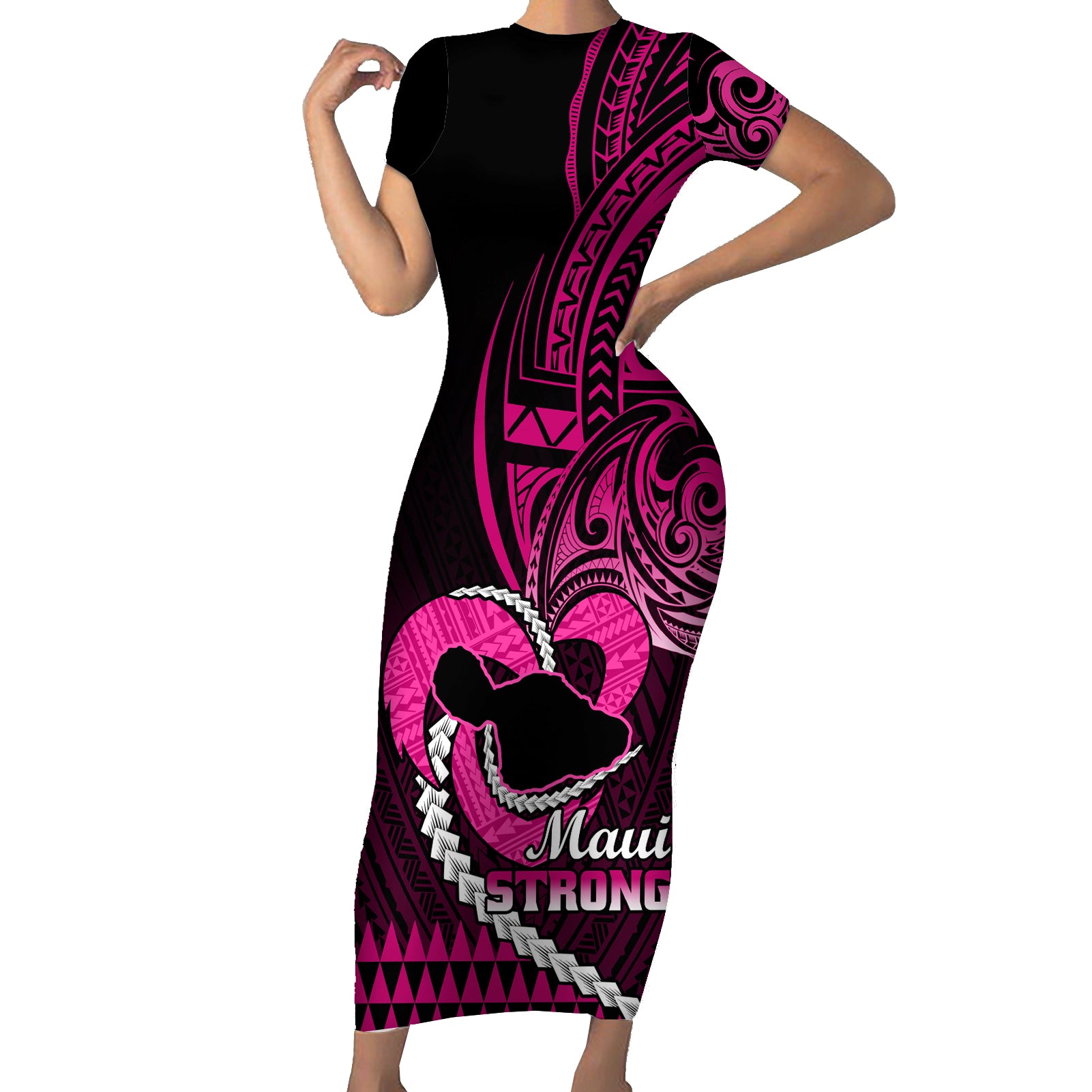 Personalised Hawaii Short Sleeve Bodycon Dress Maui Be Strong Kakau Pink Version LT01 Long Dress Pink - Polynesian Pride