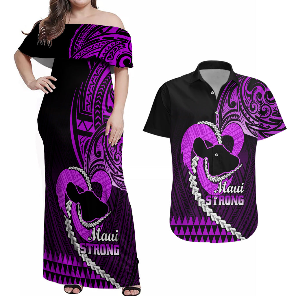 Personalised Hawaii Couples Matching Off Shoulder Maxi Dress and Hawaiian Shirt Maui Be Strong Kakau Purple Version LT01 Purple - Polynesian Pride