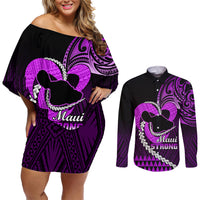 Personalised Hawaii Couples Matching Off Shoulder Short Dress and Long Sleeve Button Shirts Maui Be Strong Kakau Purple Version LT01 Purple - Polynesian Pride