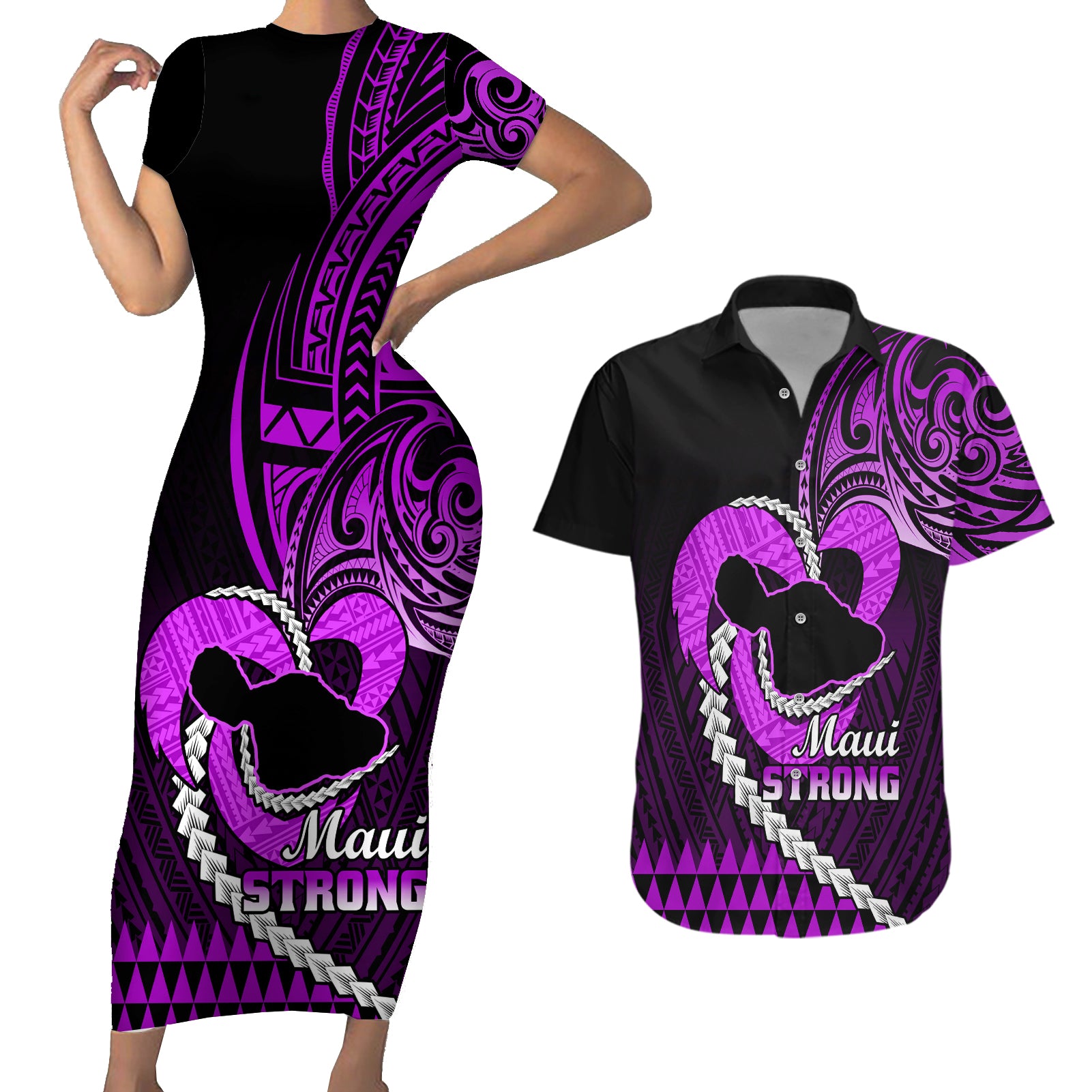 Personalised Hawaii Couples Matching Short Sleeve Bodycon Dress and Hawaiian Shirt Maui Be Strong Kakau Purple Version LT01 Purple - Polynesian Pride