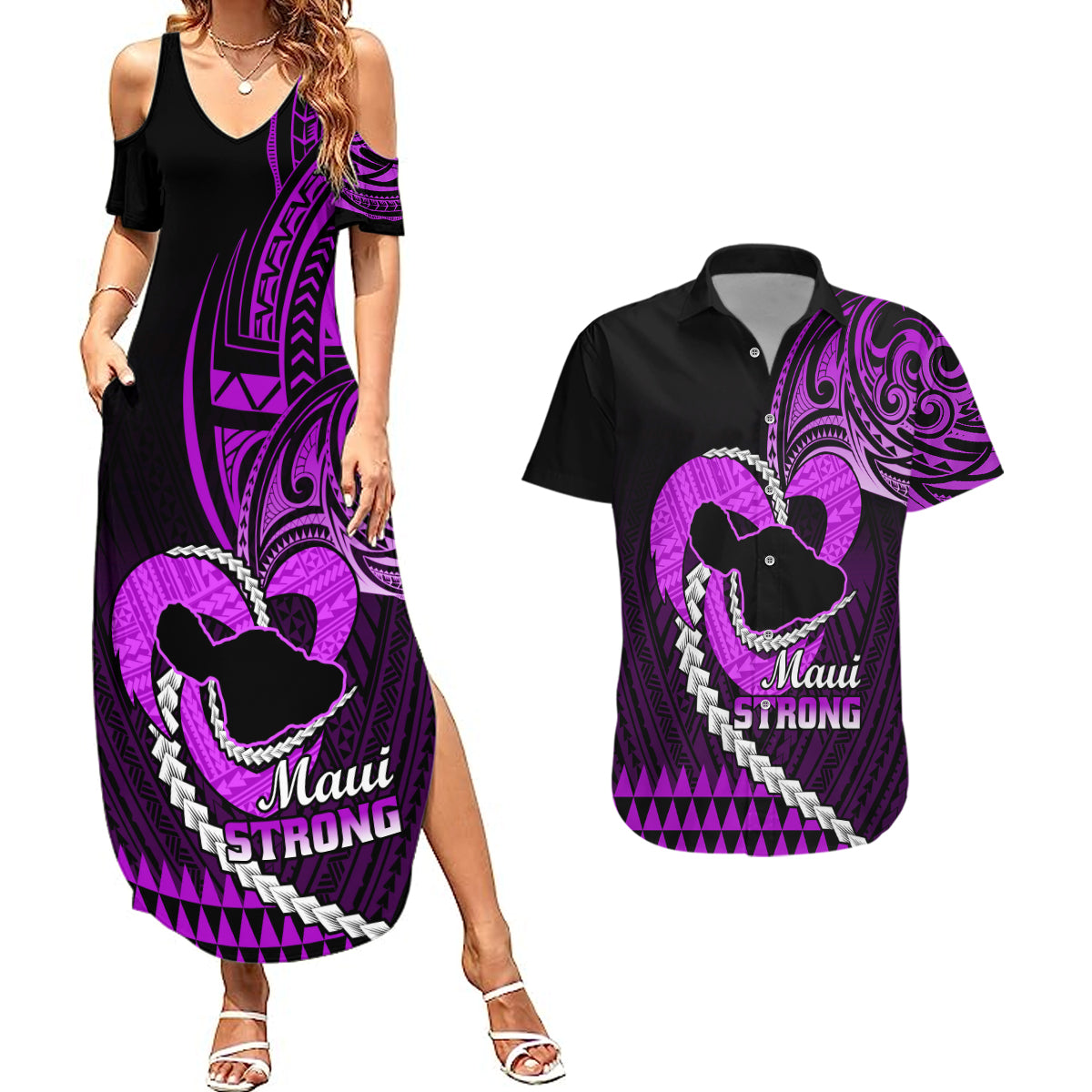 Personalised Hawaii Couples Matching Summer Maxi Dress and Hawaiian Shirt Maui Be Strong Kakau Purple Version LT01 Purple - Polynesian Pride