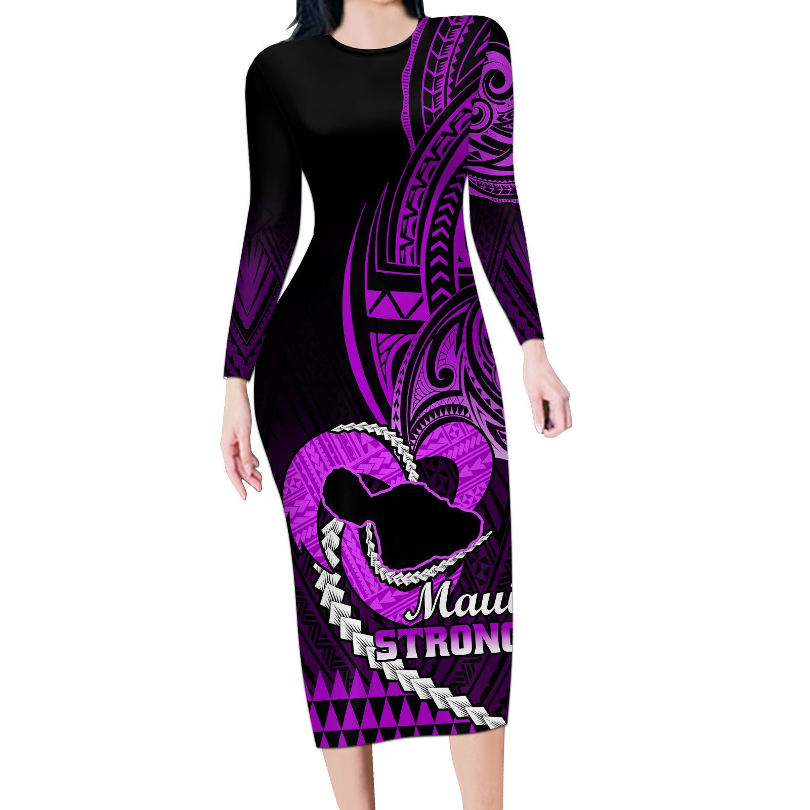 Personalised Hawaii Long Sleeve Bodycon Dress Maui Be Strong Kakau Purple Version LT01 Long Dress Purple - Polynesian Pride