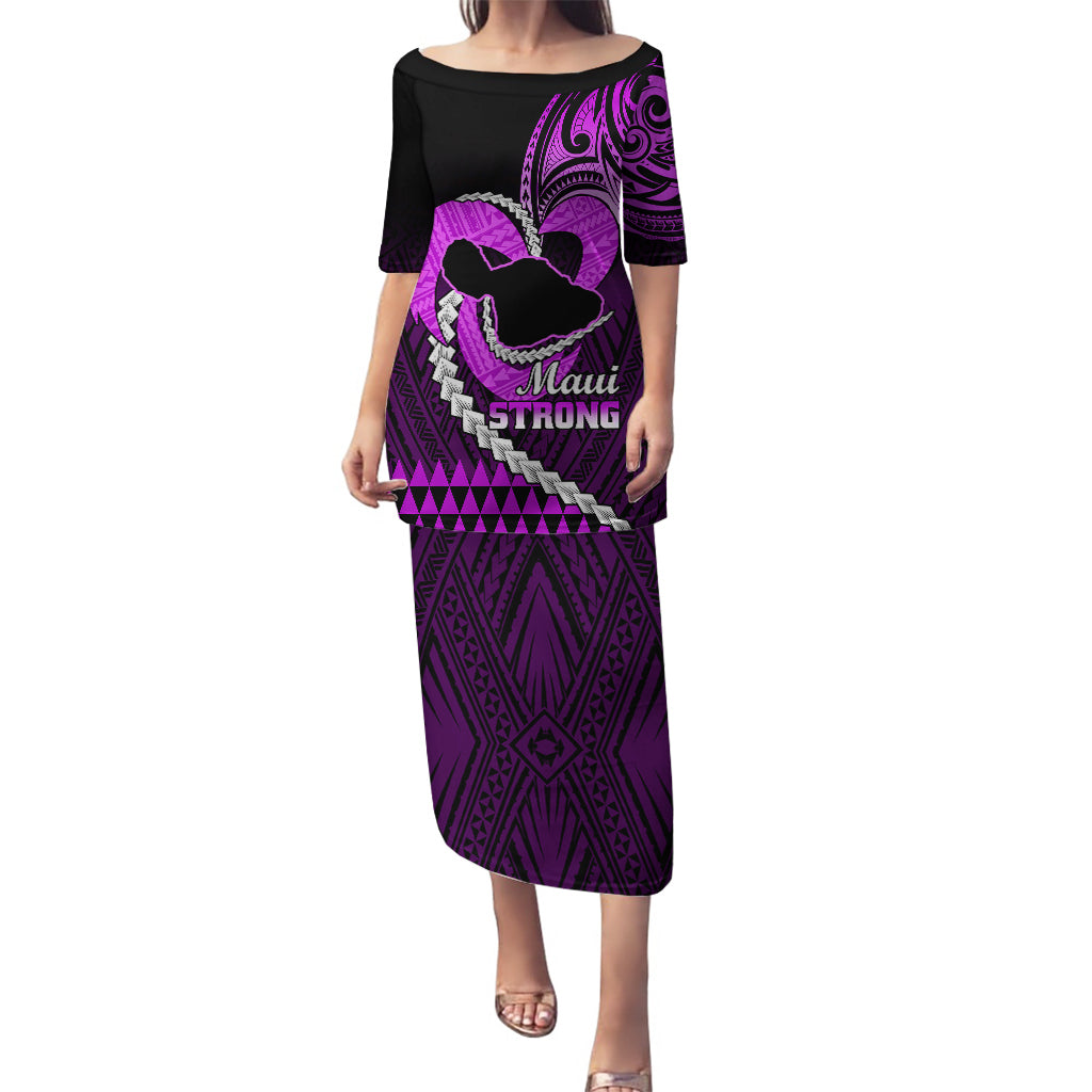 Personalised Hawaii Puletasi Maui Be Strong Kakau Purple Version LT01 Long Dress Purple - Polynesian Pride