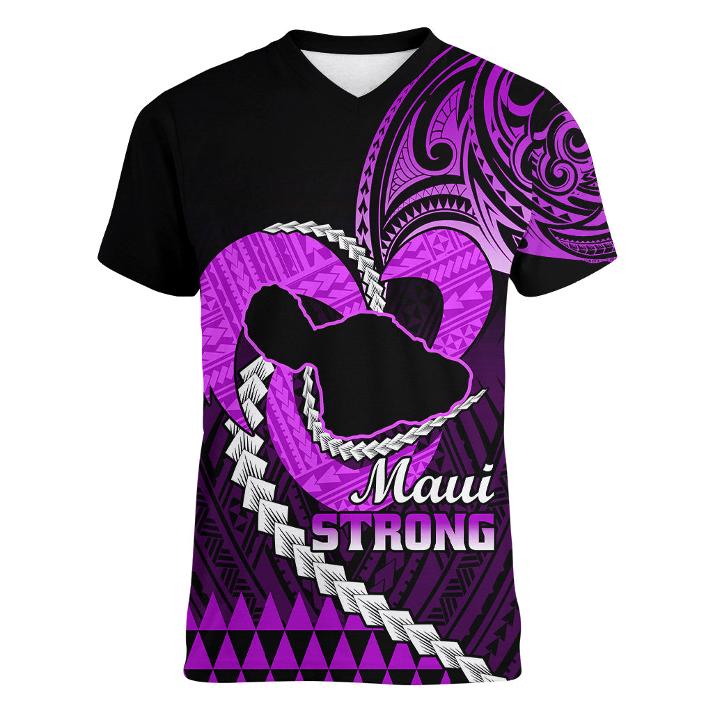 Personalised Hawaii Women V Neck T Shirt Maui Be Strong Kakau Purple Version LT01 Female Purple - Polynesian Pride