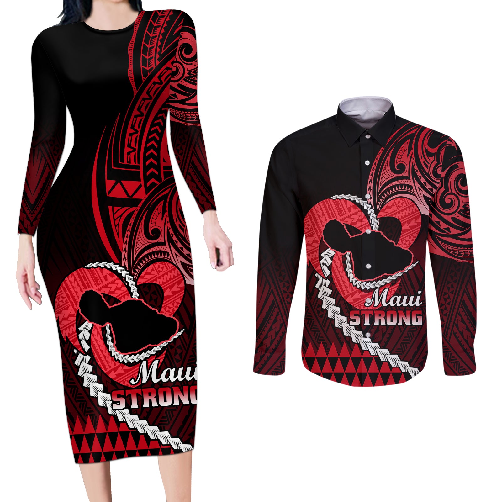 Personalised Hawaii Couples Matching Long Sleeve Bodycon Dress and Long Sleeve Button Shirts Maui Be Strong Kakau Red Version LT01 Red - Polynesian Pride