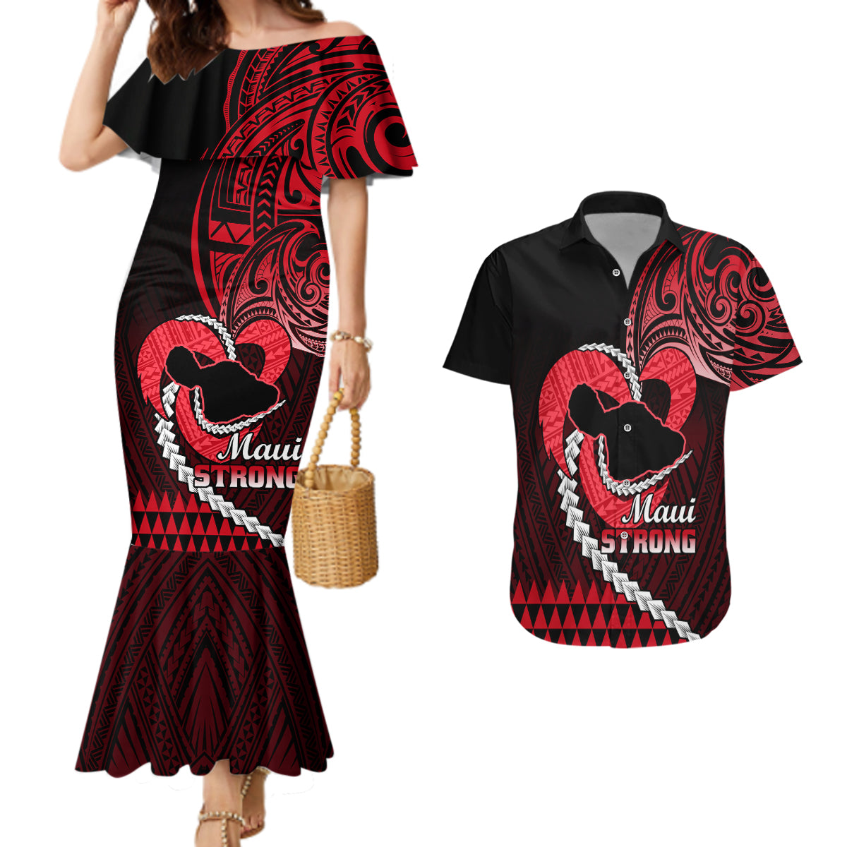 Personalised Hawaii Couples Matching Mermaid Dress and Hawaiian Shirt Maui Be Strong Kakau Red Version LT01 Red - Polynesian Pride