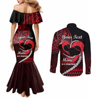 Personalised Hawaii Couples Matching Mermaid Dress and Long Sleeve Button Shirts Maui Be Strong Kakau Red Version LT01 - Polynesian Pride