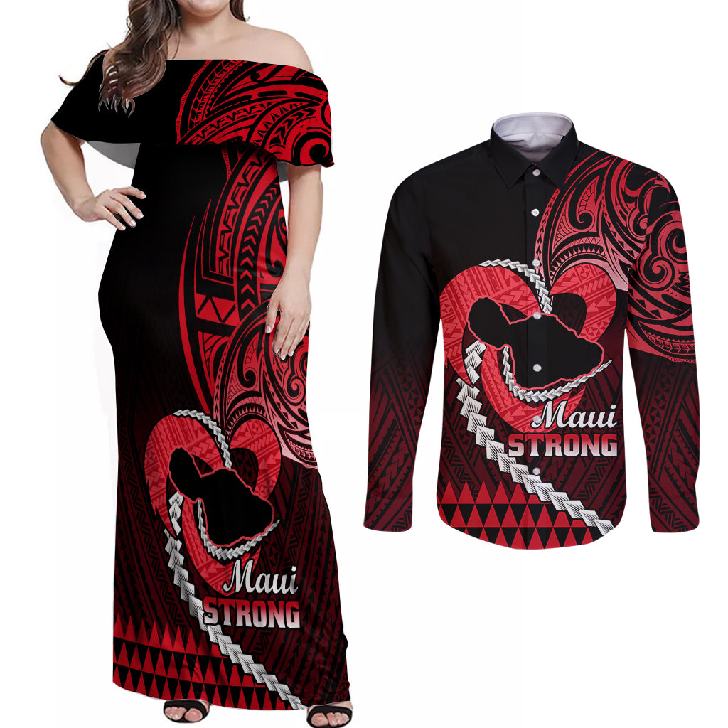 Personalised Hawaii Couples Matching Off Shoulder Maxi Dress and Long Sleeve Button Shirts Maui Be Strong Kakau Red Version LT01 Red - Polynesian Pride
