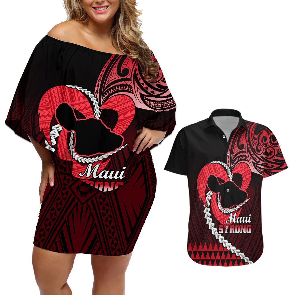 Personalised Hawaii Couples Matching Off Shoulder Short Dress and Hawaiian Shirt Maui Be Strong Kakau Red Version LT01 Red - Polynesian Pride