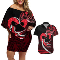 Personalised Hawaii Couples Matching Off Shoulder Short Dress and Hawaiian Shirt Maui Be Strong Kakau Red Version LT01 Red - Polynesian Pride