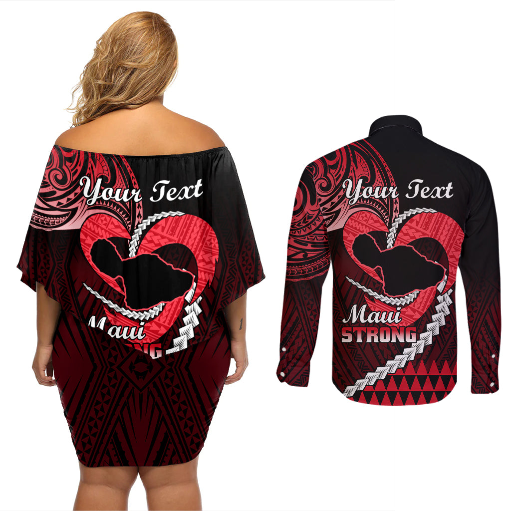 Personalised Hawaii Couples Matching Off Shoulder Short Dress and Long Sleeve Button Shirts Maui Be Strong Kakau Red Version LT01 - Polynesian Pride