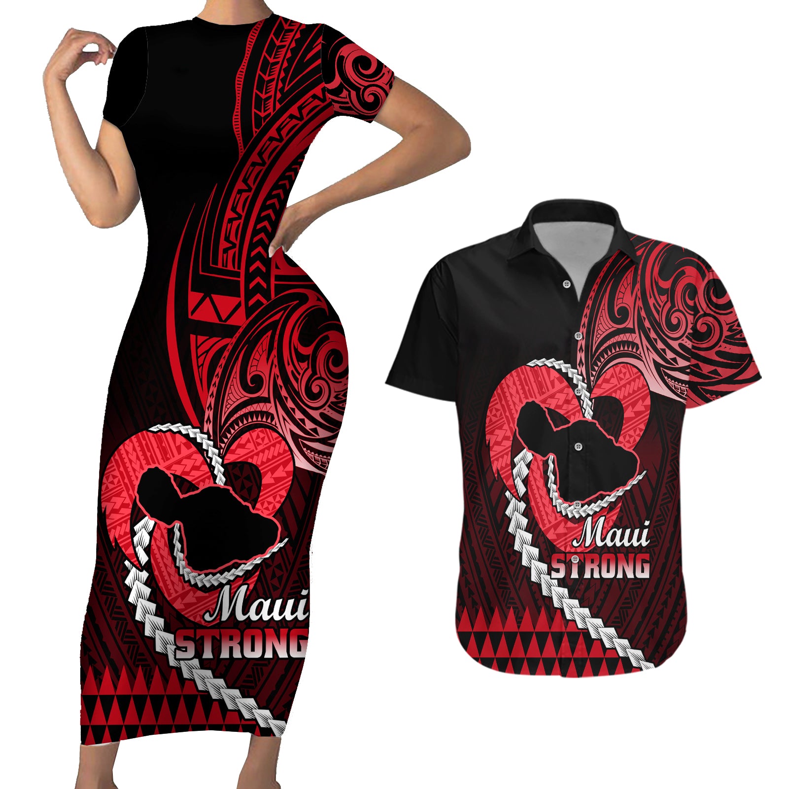 Personalised Hawaii Couples Matching Short Sleeve Bodycon Dress and Hawaiian Shirt Maui Be Strong Kakau Red Version LT01 Red - Polynesian Pride