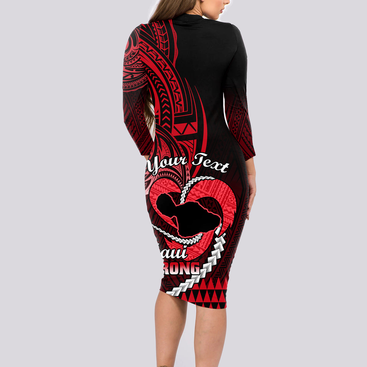 Personalised Hawaii Long Sleeve Bodycon Dress Maui Be Strong Kakau Red Version LT01 - Polynesian Pride