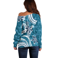 Hawaii Pupuala Plumeria Blue Off Shoulder Sweater Polynesian Pattern LT01 - Polynesian Pride