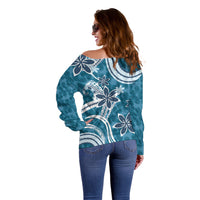 Hawaii Pupuala Plumeria Blue Off Shoulder Sweater Polynesian Pattern LT01 - Polynesian Pride