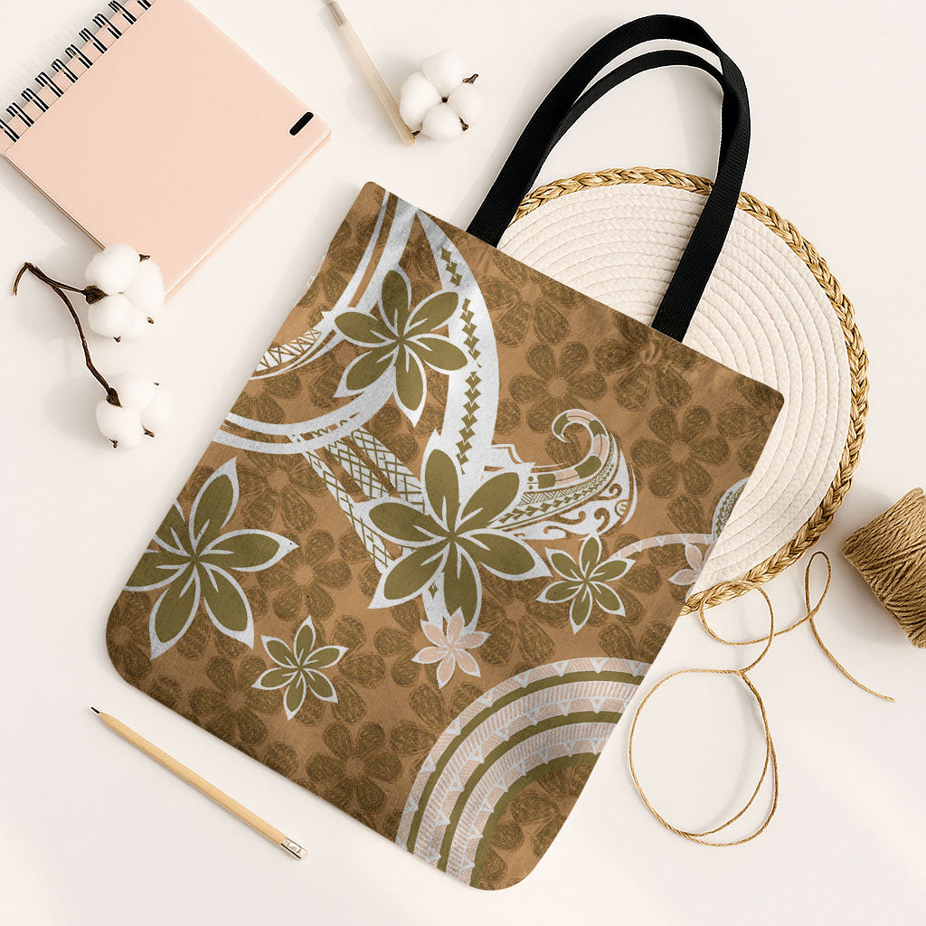 Hawaii Pupuala Plumeria Light Brown Tote Bag Polynesian Pattern LT01 Black Strap One Size Light Brown - Polynesian Pride