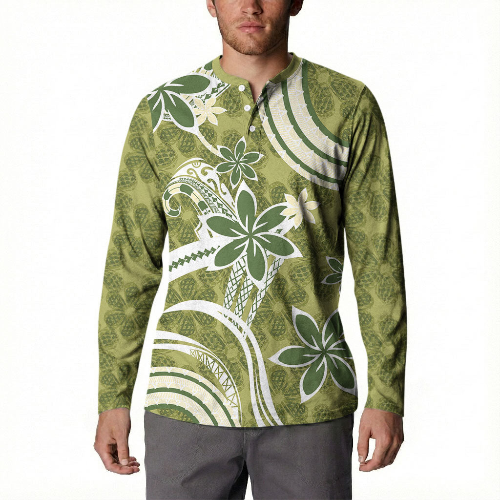 Hawaii Pupuala Plumeria Olive Green Button Sweatshirt Polynesian Pattern LT01 - Polynesian Pride