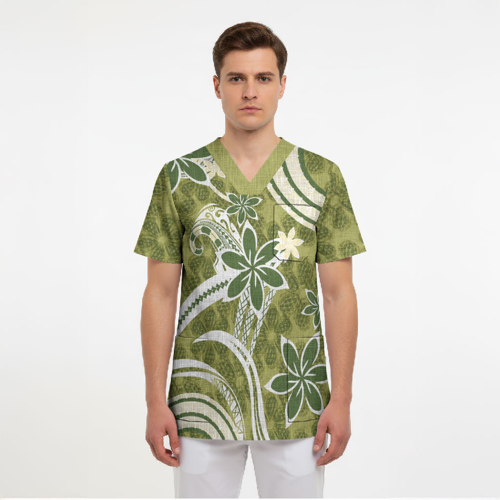 Hawaii Pupuala Plumeria Olive Green Scrub Top Polynesian Pattern LT01 - Polynesian Pride