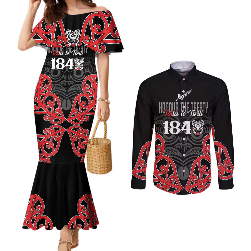 Toitu Te Tiriti 1840 Aotearoa Couples Matching Mermaid Dress and Long Sleeve Button Shirt Stand Together Stand Stronger LT01 Black - Polynesian Pride