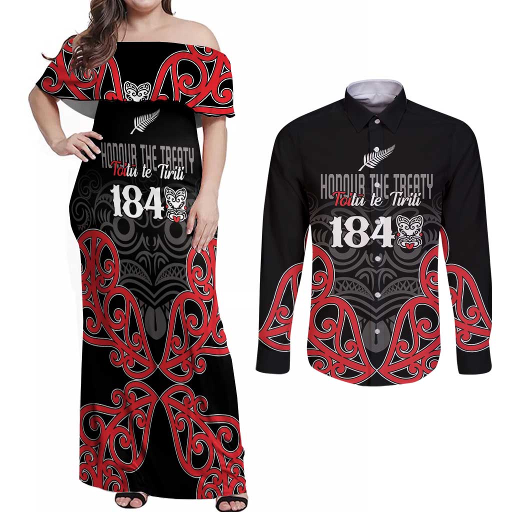 Toitu Te Tiriti 1840 Aotearoa Couples Matching Off Shoulder Maxi Dress and Long Sleeve Button Shirt Stand Together Stand Stronger LT01 Black - Polynesian Pride