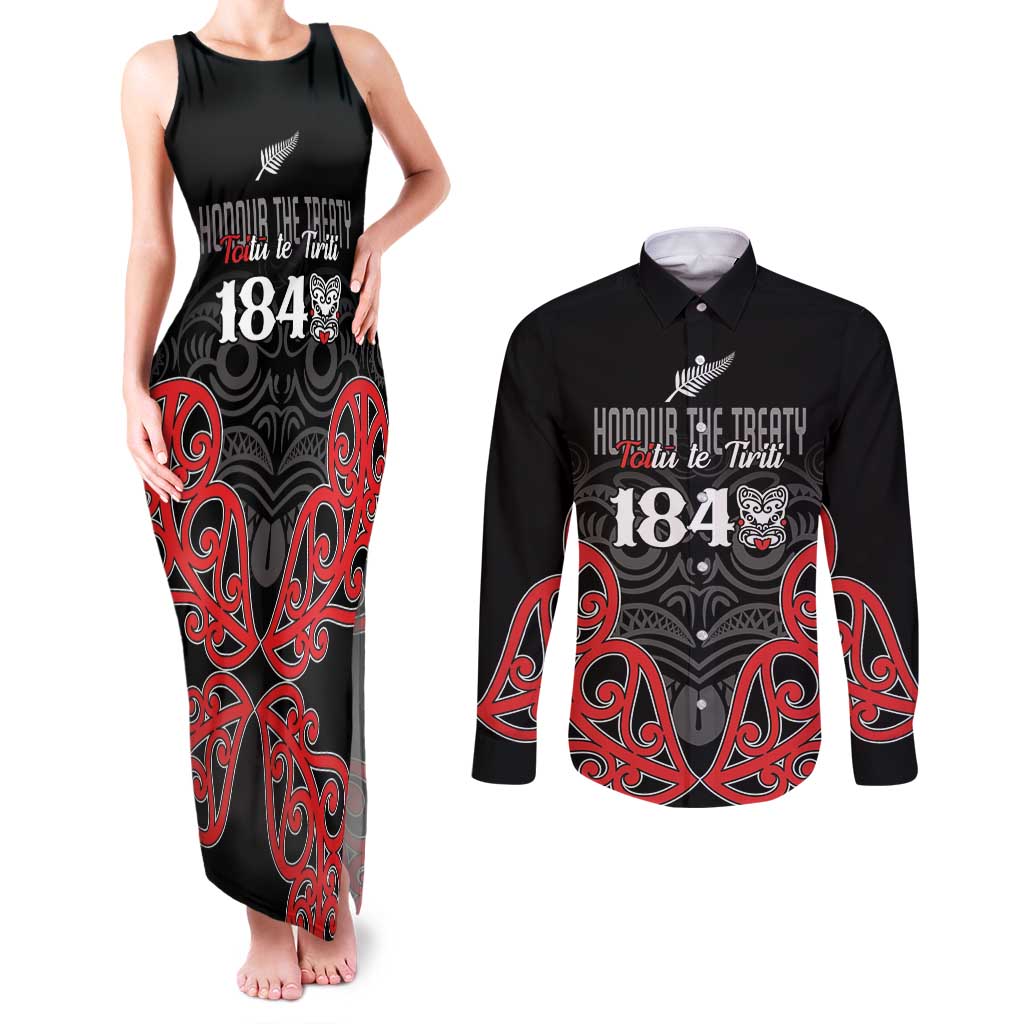Toitu Te Tiriti 1840 Aotearoa Couples Matching Tank Maxi Dress and Long Sleeve Button Shirt Stand Together Stand Stronger LT01 Black - Polynesian Pride