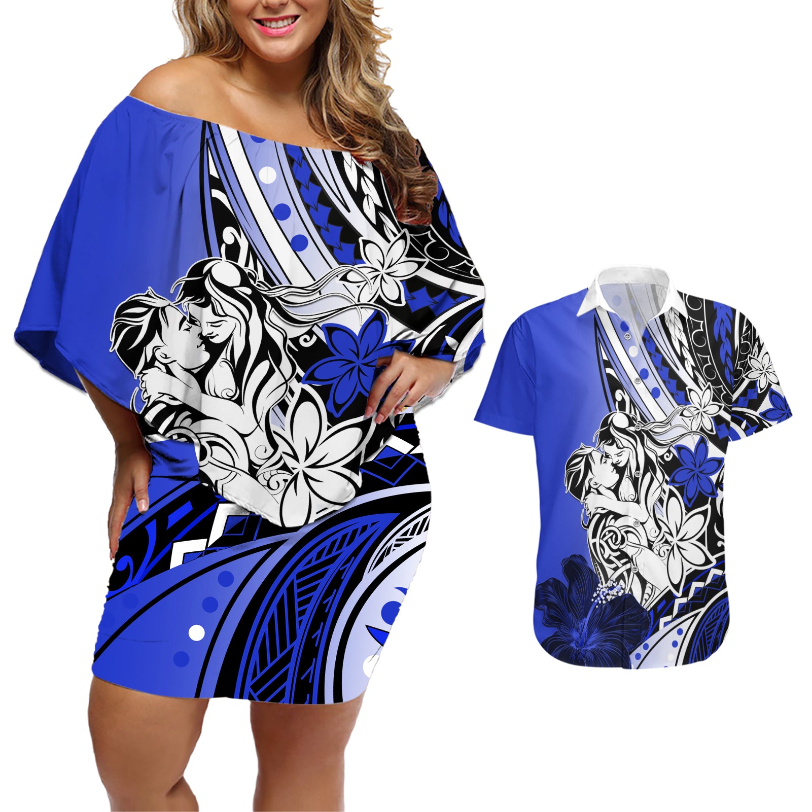 Polynesian Valentine Couples Matching Off Shoulder Short Dress and Hawaiian Shirt Couple Floral Unique Blue Version LT01 Blue - Polynesian Pride